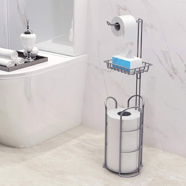 JIAQ Upgrade Toilet Paper Holder Stand, Silver Gray Freestanding Toilet